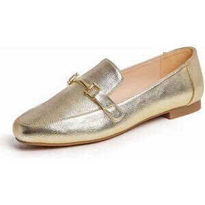 Feversole Women's Bar Trim Gold Grain Vegan Leather Synthetic Crochet Flats